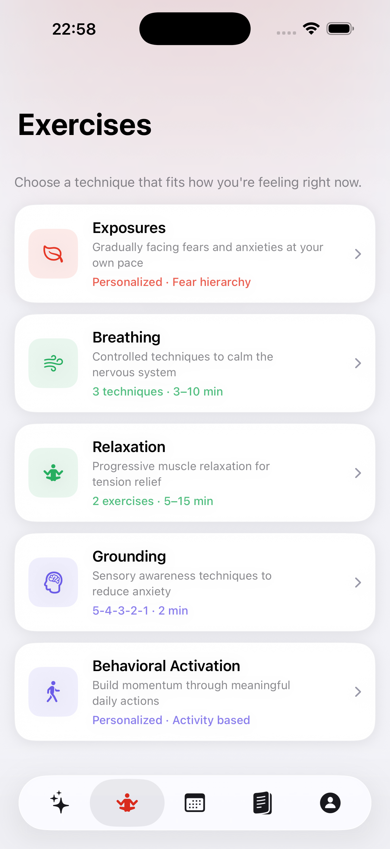 Exercises list with breathing, relaxation, grounding, and activation