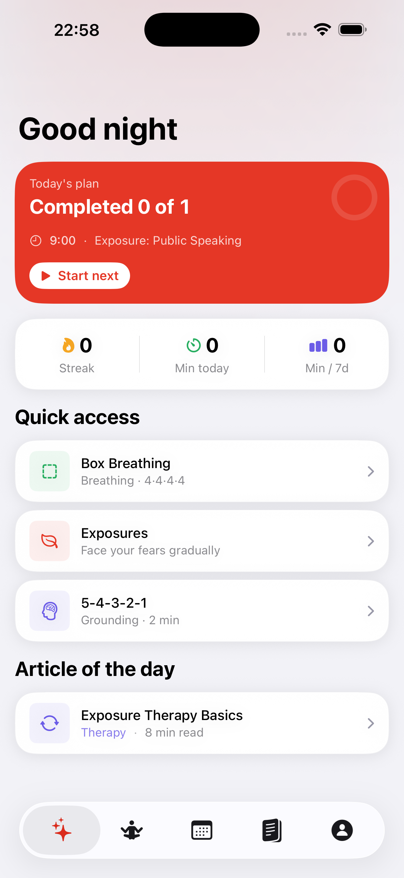 Home screen with today’s plan and quick access