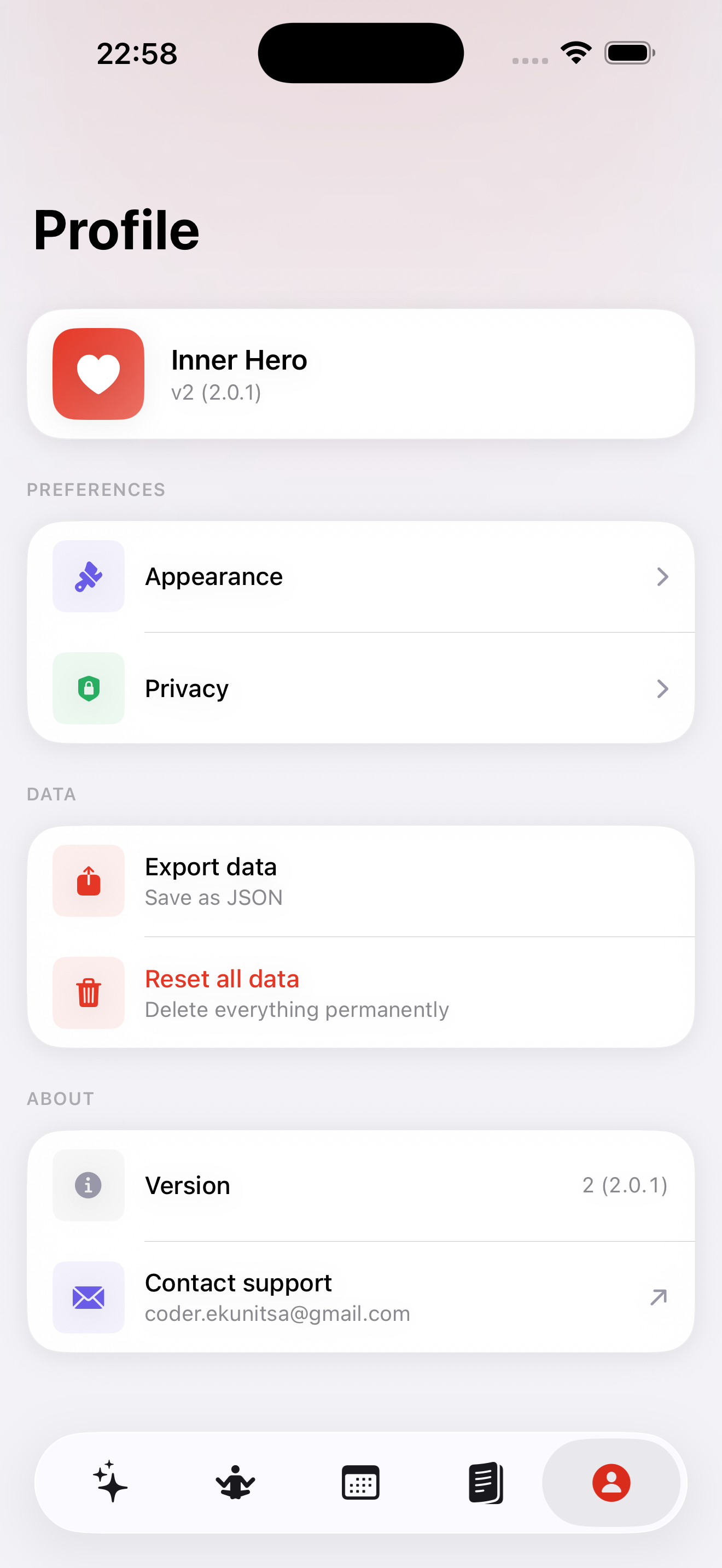 Profile settings page with preferences and data