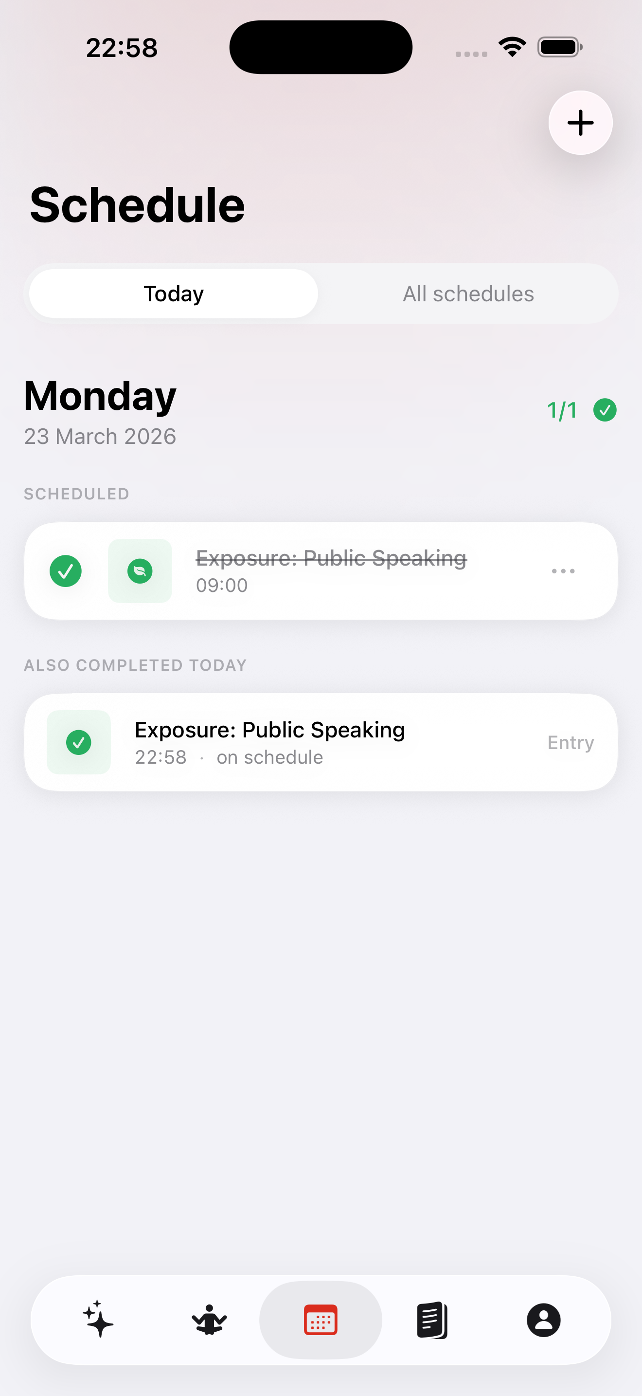 Schedule view showing completed sessions